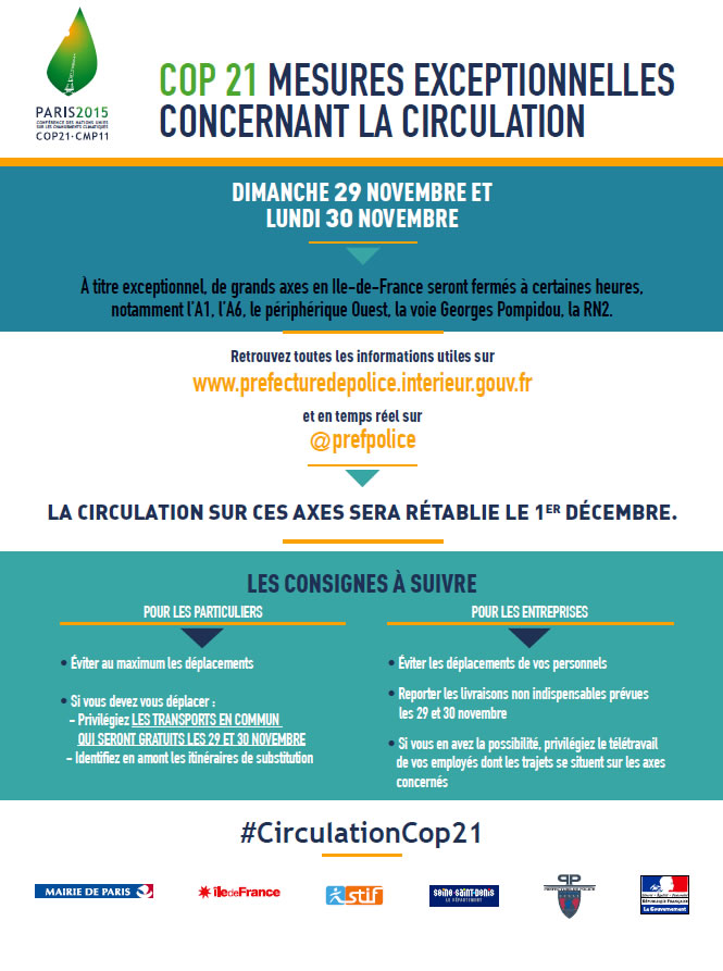 restriction de circulation à Paris COP21 29 et 30 novembre
