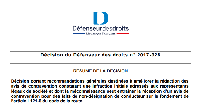 défenseur des droits et non désignation du conducteur (cliquez sur l'image pour accéder à la décision)