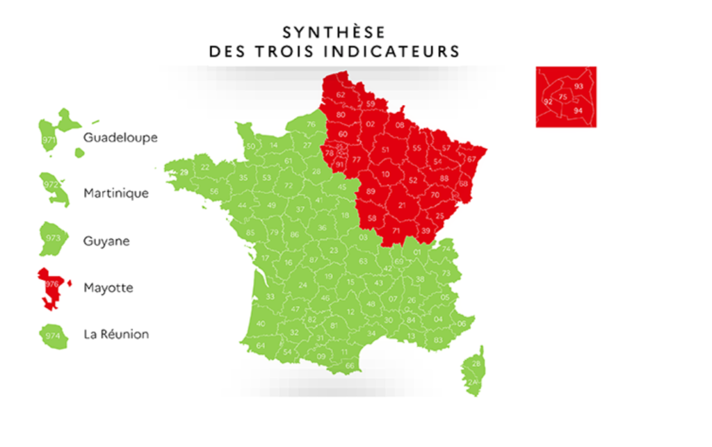 Carte de France du déconfinement par couleur vert et rouge en fonction de l'évolution de l'épidémie du Covid au 7 mai 2020.