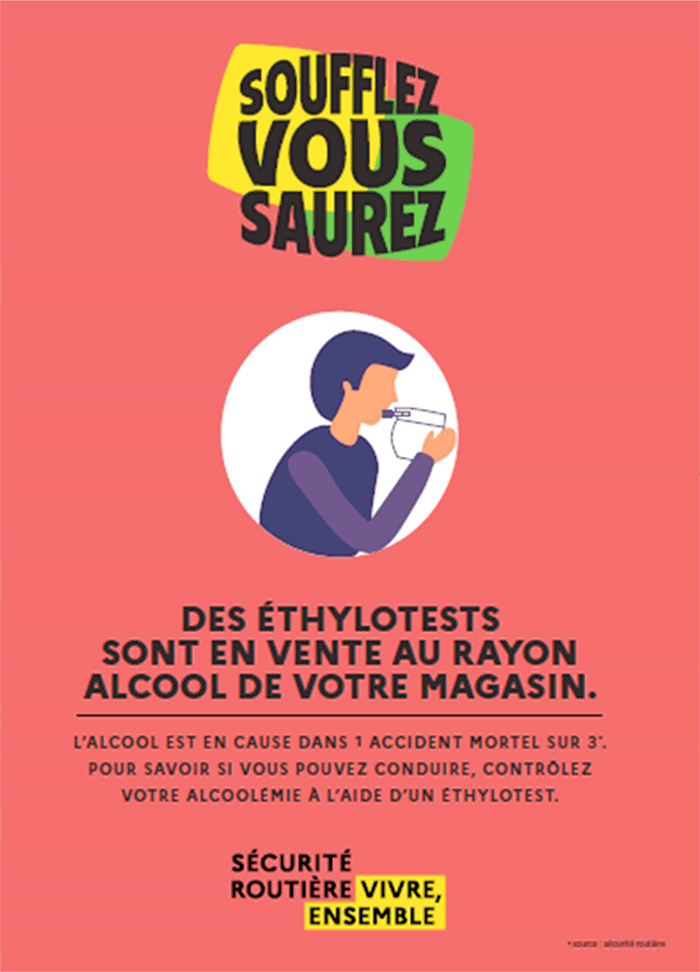 Affiche obligatoire à partir du 1er juillet 2021 dans les magasins vendant de l'alcool avec la vente obligatoire d'éthylotests