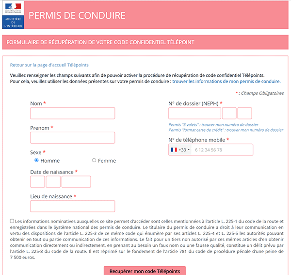 Demande du code Télépoints par SMS