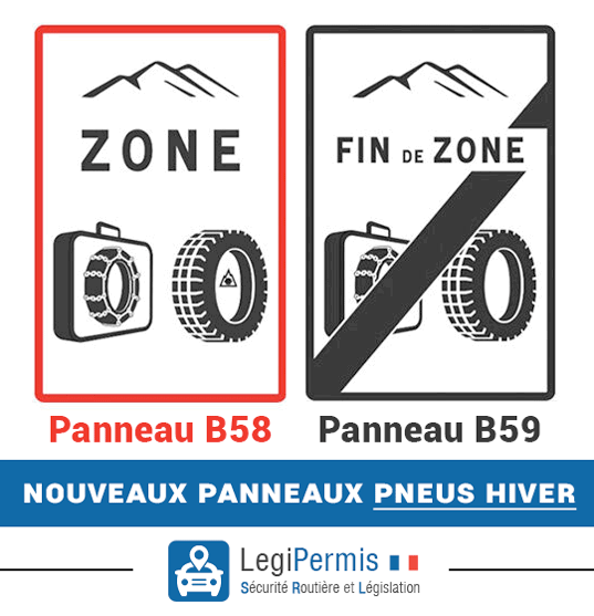 Panneaux zone pneus hiver ou chaînes obligatoires du 1er novembre au 31 mars. Panneau B58 et B59.