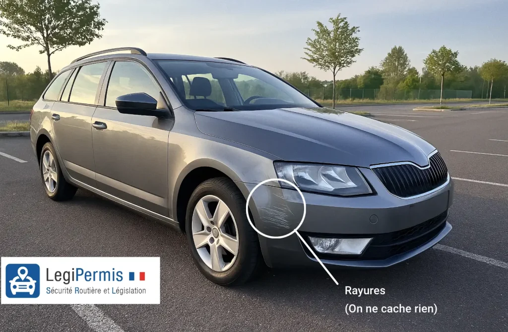 Vue 3/4 avant côté conducteur : idéalement la photo principale, flatteuse et dynamique.