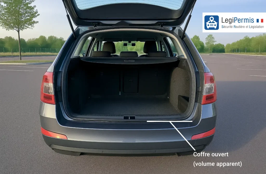 Coffre ouvert : montre clairement le volume et l’état du coffre.