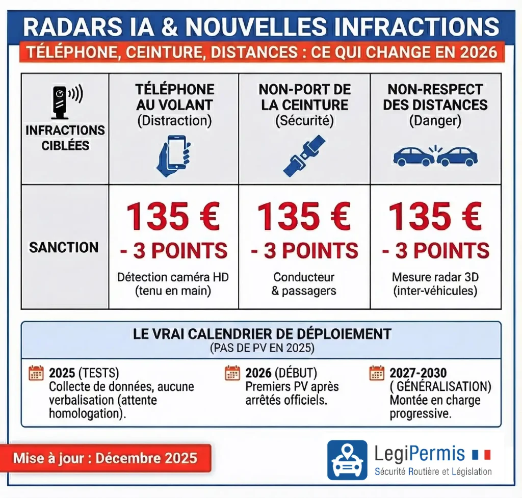 infographie détaillée sur les radars IA qui seront déployés en 2026 et généralisés en 2027-2028 pour détecter le téléphone au volant, le non-port de la ceinture ou encore le non respect des distances de sécurité.