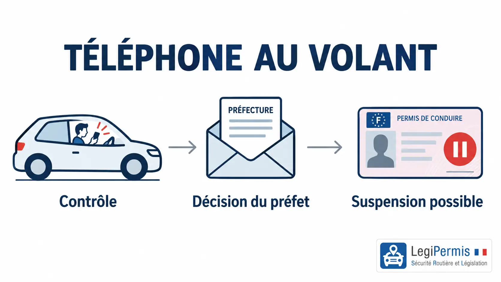Téléphone au volant : contrôle, décision du préfet et suspension possible du permis de conduire.