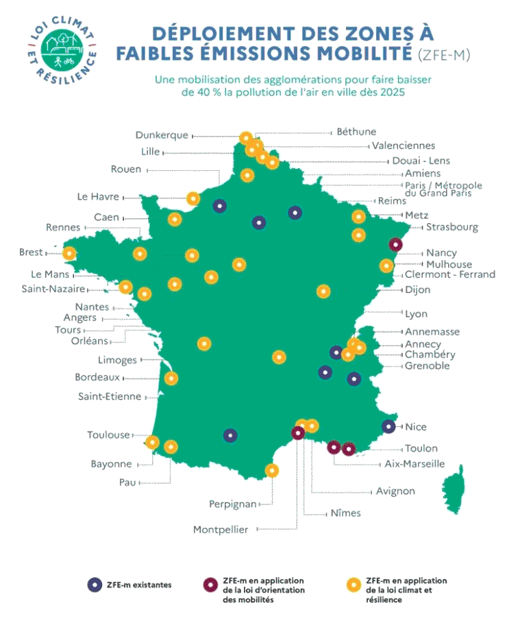 Carte de France de déploiement des ZFE de 2022 à 2025