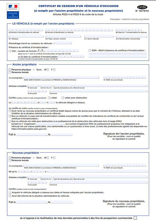 Certificat de cession pour vendre sa voiture