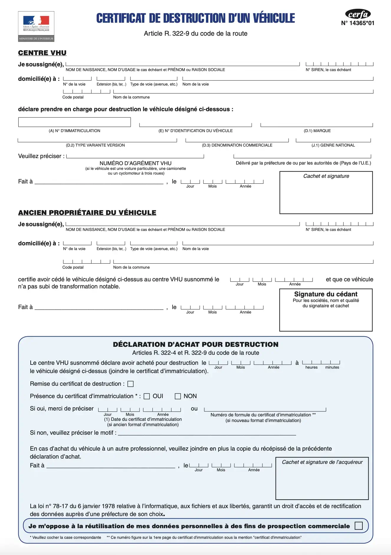 Certificat de destruction d'un véhicule par un centre VHU