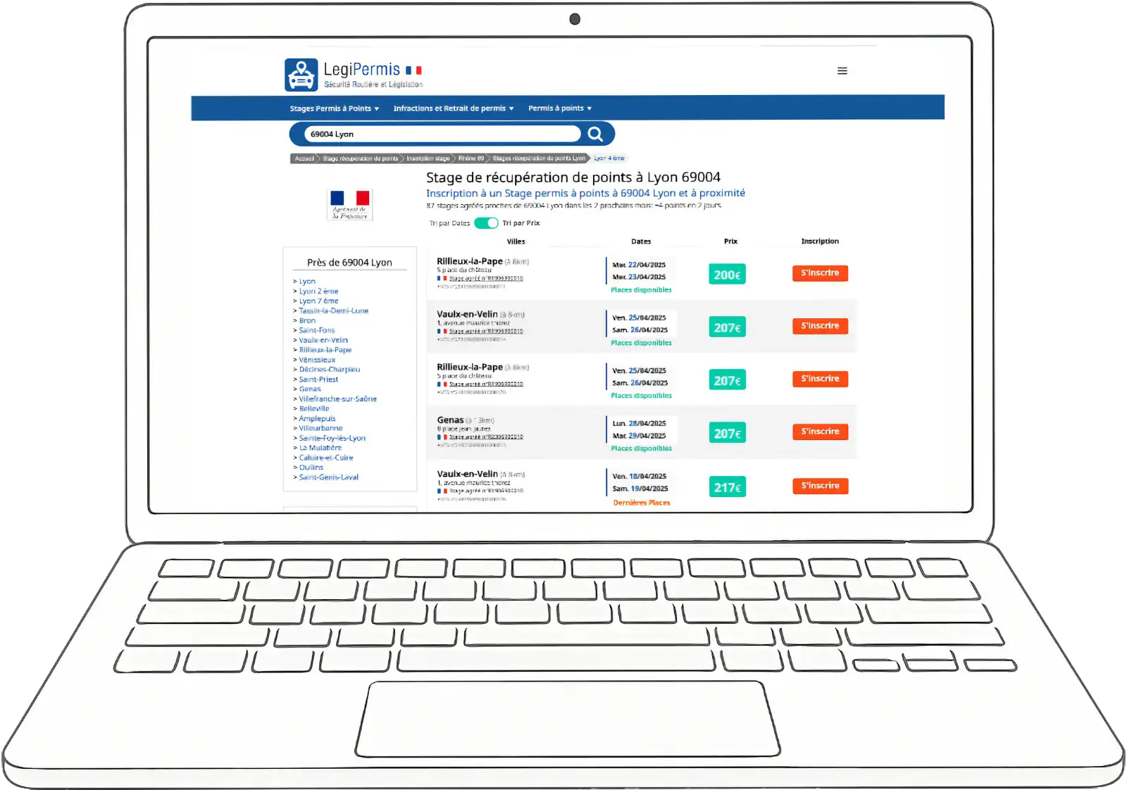 Capture d'écran du site web LegiPermis sur ordinateur pour choisir un stage