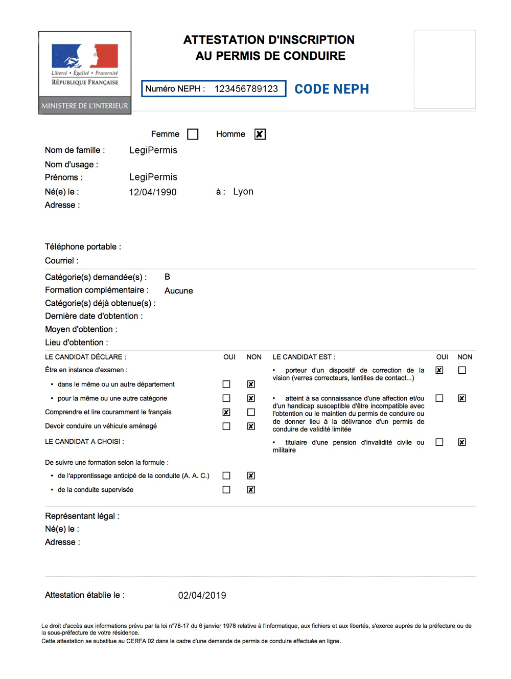 attestation d'inscription au permis de conduire avec le Code NEPH