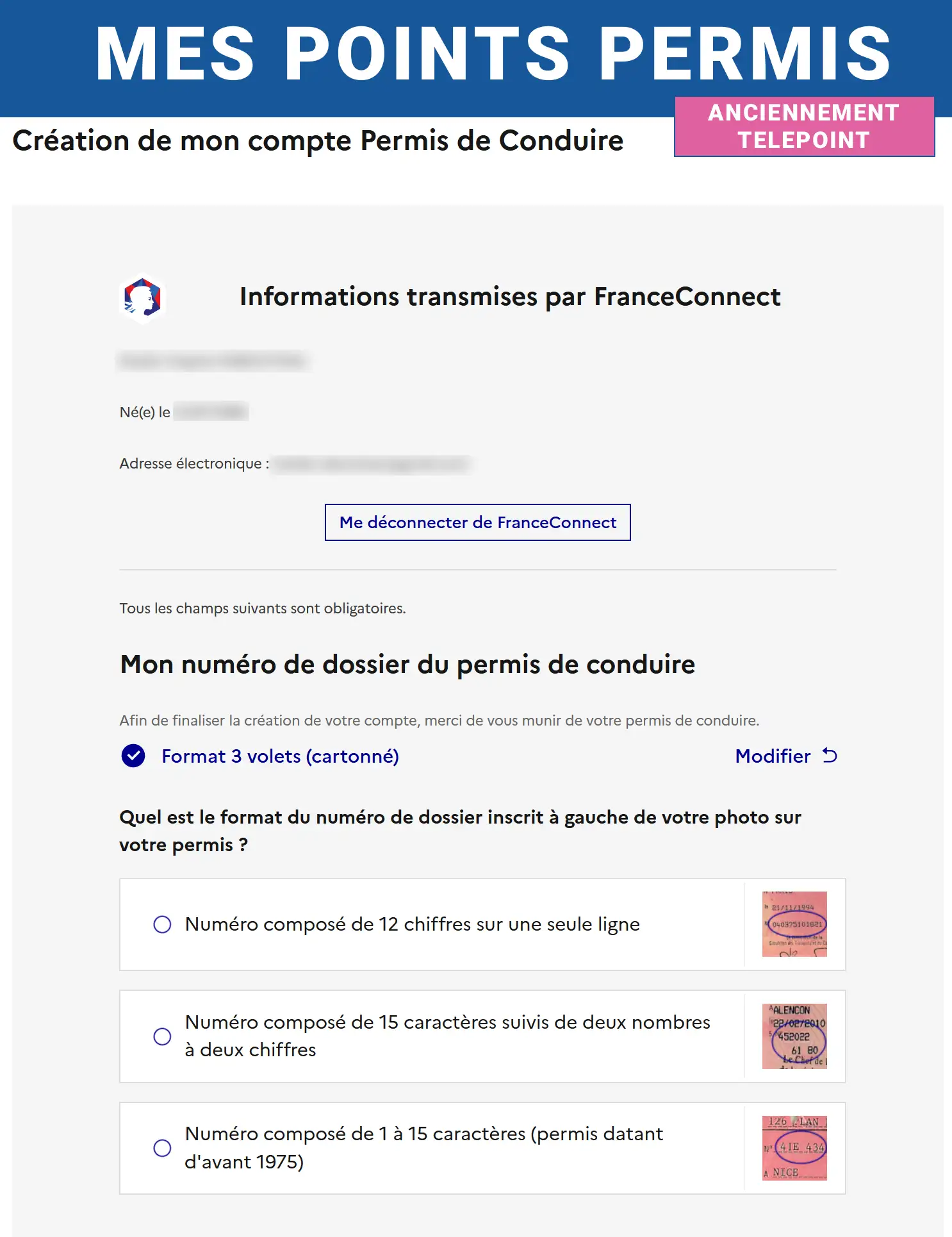 MesPointsPermis : création du compte permis de conduire avec le format du permis de conduire pour le code NEPH.