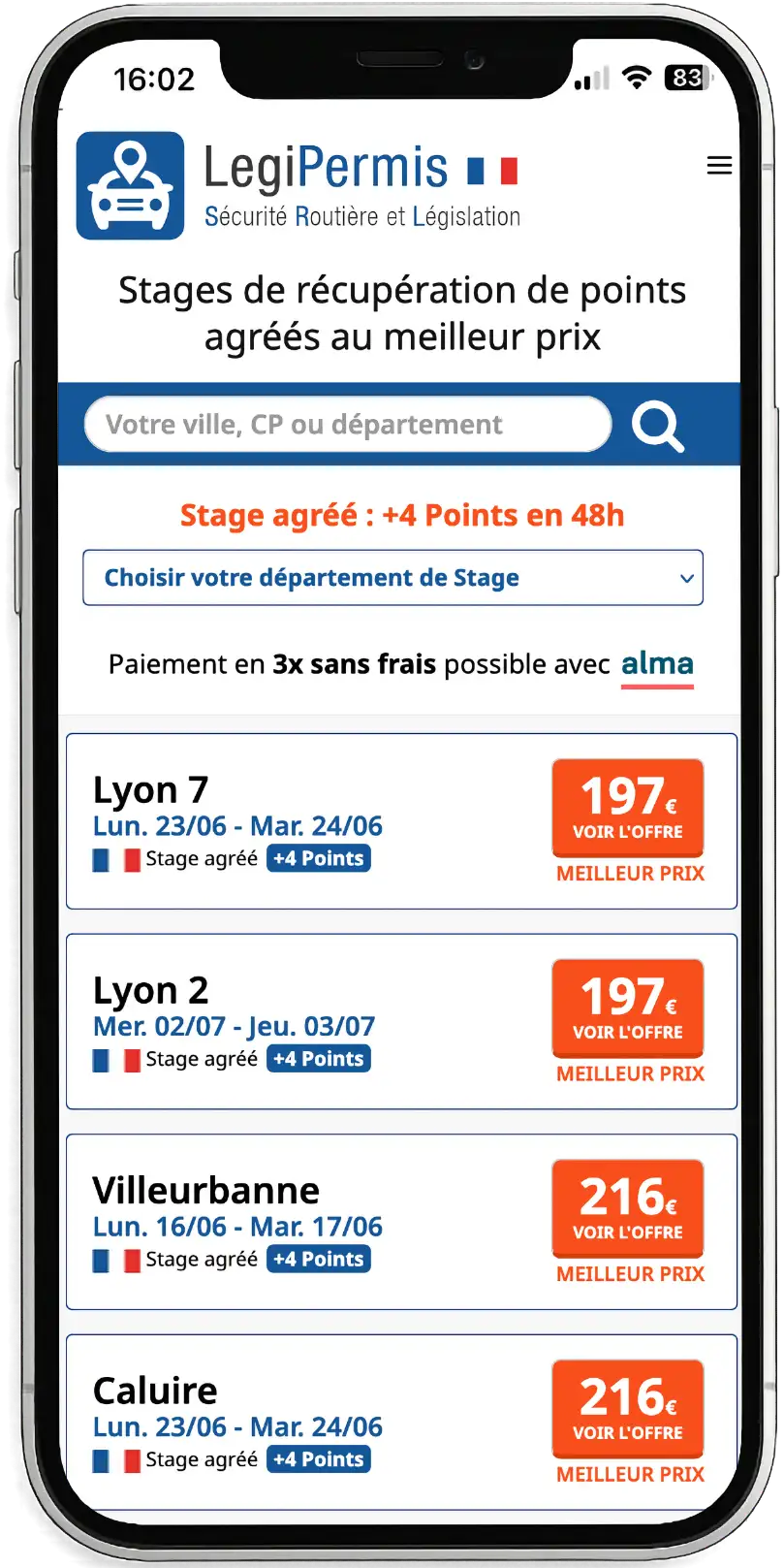 Capture d'écran de l'application mobile LegiPermis pour choisir un stage